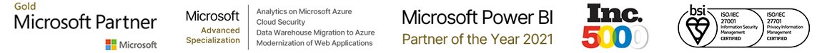 Gold Microsoft Partner badge, Microsoft Advanced Specialization badge, Microsoft Power BI Partner of the Year 2021 badge, Inc. 5000 badge, BSI ISO 27001 and 27701 badge