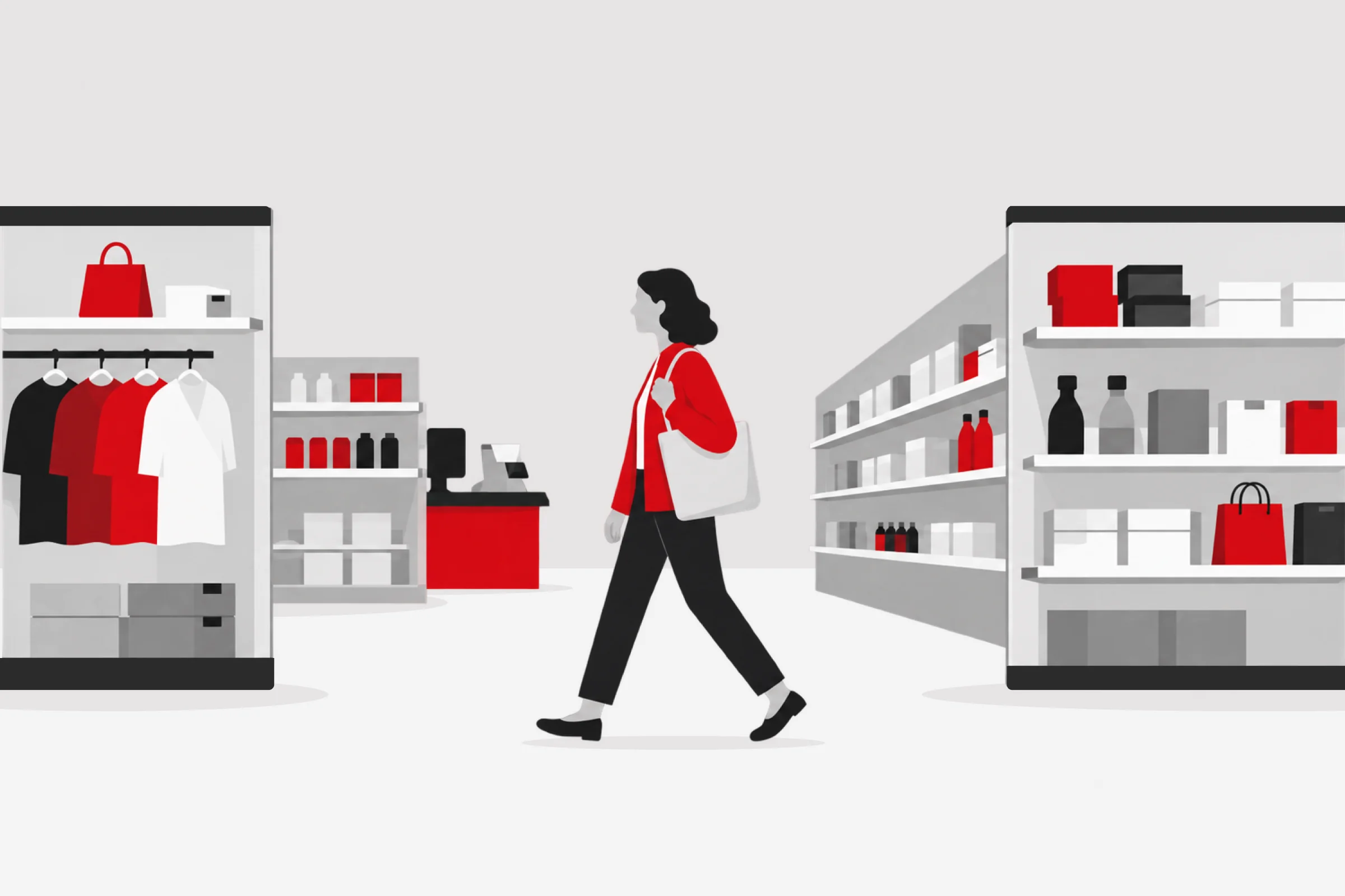 Shopper walking through a store past clothing rails and stocked shelves